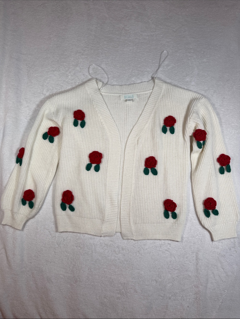 Banulu Cream Knit Cardigan with Red Rose Appliqués